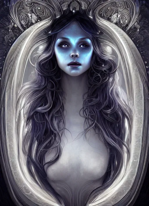 Image similar to a dreamy moody photographic portrait of a anthropomorphic bioluminescent silver wave, dramatic upward lighting, fantasy, intricate, elegant, highly detailed, digital painting, artstation, concept art, smooth, sharp focus, illustration, art by artgerm and h r giger and alphonse mucha