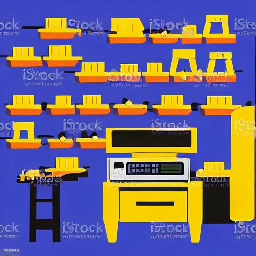 Image similar to cash register in foreground. shelves of hammers and screws and screwdrivers and hard hats in the background. vector art