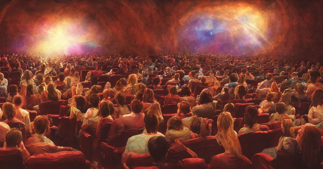 Prompt: rear view of the seated souls in the cinema trapped into illusion by watching volumetric light of consciousness projecting their lives in front of them on the big screen, realistic, deep sense of spirituality, visual plasticity, unreal engine quality, raytracing, vray shading, style of earl norem