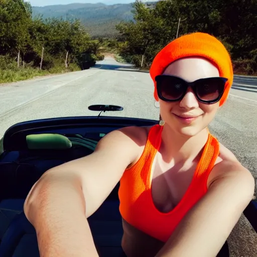 Prompt: girl lounging in a convertible car wearing an orange beanie and a sleeveless shirt, selfie, faint smile