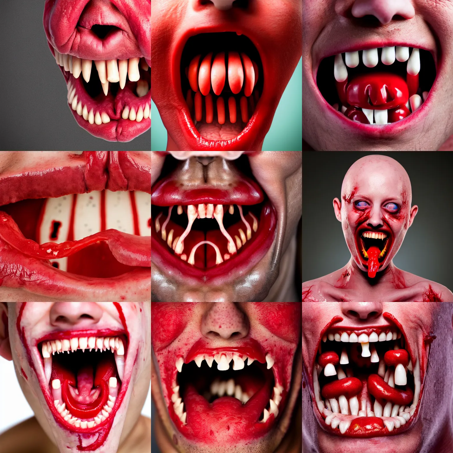 Prompt: tongue sticking out, falling apart like diced tomatoes, horror, nightmare fuel, skin tone pale, color drain, red tongue, by simon stalenberg, 8 k