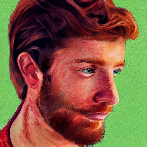 Prompt: auburn strawberry blonde wavy hair american man with freckles, danny hollander dannyjevriend studio ghibli painterly style, portrait symetrical