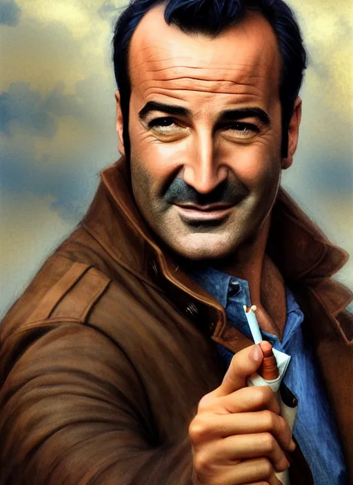 Prompt: photorealistic portrait of beautiful jean dujardin as the artist, charismatic smiling thief, with a light brown trench coat and holding a cigarette, in dresden files movie, hd, by artgerm and edgar maxence and greg rutkowski and rob rey