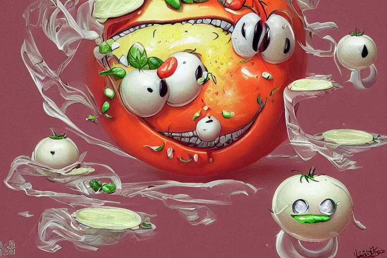 Prompt: a highly detailed happy tomato is playing with mozzarella balls, some sliced in half, basil leaves flying all over, playful vibe, full body, wide angle, an ultrafine detailed painting by joe fenton, trending on deviantart, pop surrealism, whimsical, lowbrow, perfect symmetrical face, sharp focus, octane, masterpiece