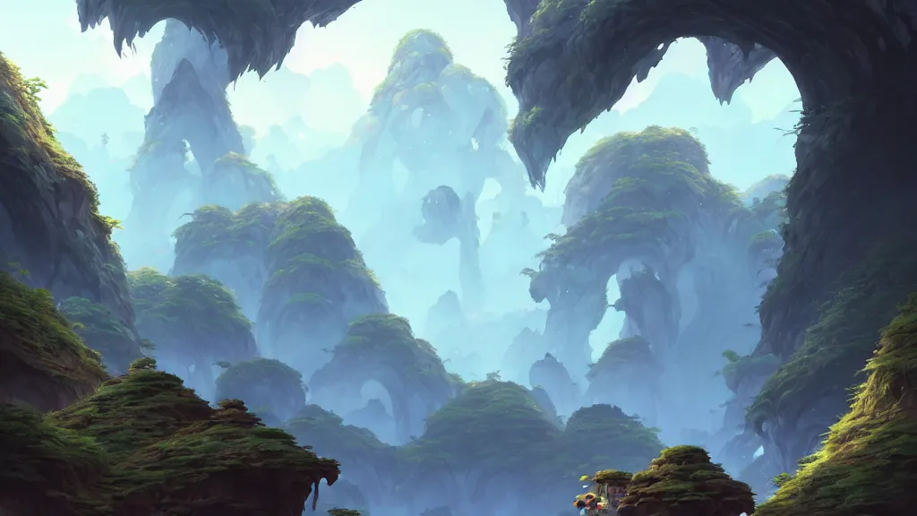 Image similar to side view cave landscape, studio ghibli, pixar and disney animation, sharp, rendered in unreal engine 5, highly detailed, digital painting, artstation, concept art, smooth, sharp focus, illustration, wide angle, artbook, wallpaper, splash art, hollow knight, promo art, dramatic lighting, art by artgerm and greg rutkowski and bo chen and jin xiaodi
