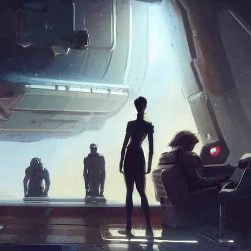 Image similar to scifi art by greg rutkowski, a very tall and slender woman with blond hair, sitting with the spaceship crew, dark lighting atmosphere, detailed portraits, nostalgic atmosphere, scifi, digital painting, artstation, concept art, smooth, sharp foccus ilustration, artstation hq