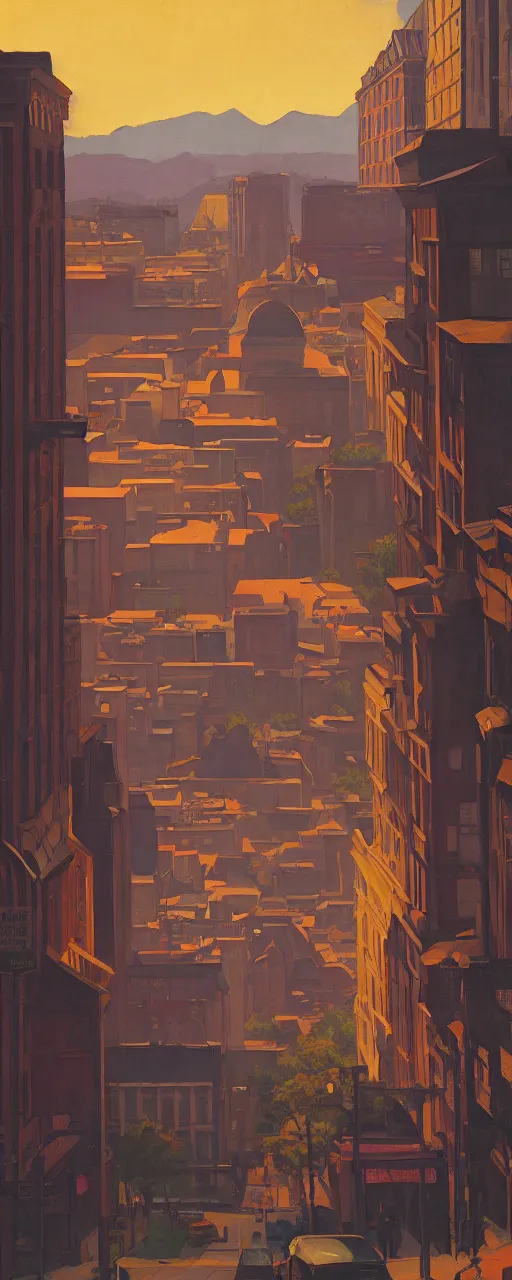 Prompt: Downtown Knoxville, dramatic cinematic lighting, rich colors, golden age illustration, by Sylvain Sarrailh and Nicholas Roerich and Ludwig Deutsch and April Gornik