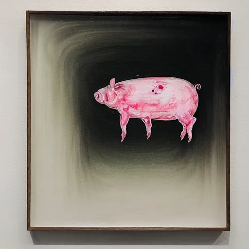 Image similar to “pig paintings and pig sculptures in a pig art gallery, pork, ikebana white flowers, white wax dripping, squashed raspberry stains, acrylic and spray paint and oilstick on canvas, by munch and Dali”