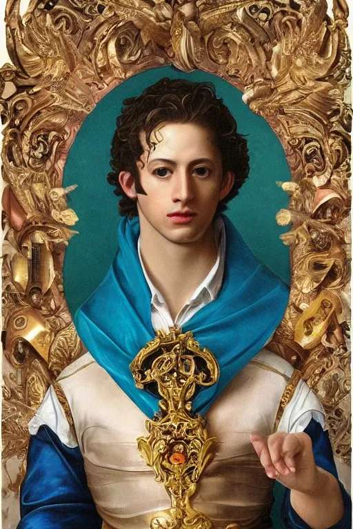 Prompt: a young handsome Spanish prince in a full-body bronze cyberpunk style statue of an android with glowing blue eyes with an open chest exposing a sparking motherboard chip, crown of peach roses, flowing teal-colored silk, fabric, flowers. baroque elements, human skull. full-length view. baroque element. intricate artwork by caravaggio. many many birds birds on background. Trending on artstation, octane render, cinematic lighting from the right, hyper realism, octane render, 8k, depth of field, 3D