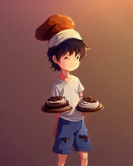 Image similar to a boy as personification of chocolate cupcake, cute hats, unreal engine, highly detailed, digital illustration by artgerm, tooth wu, studio ghibli, deviantart, sharp focus, artstation, he is standing inside a fantasy bakery by greg rutkowsky, sweets, dog