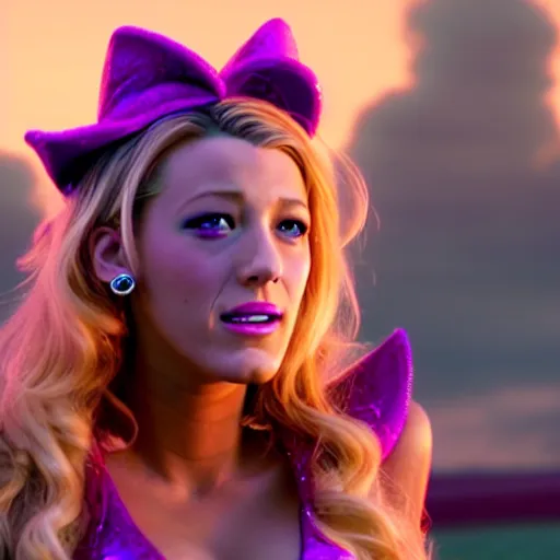 Image similar to cinematic scene with blake lively as jolyne from jojo's bizarre adventure, live action film, stone ocean, dramatic, small details, volumetric lighting, still frame