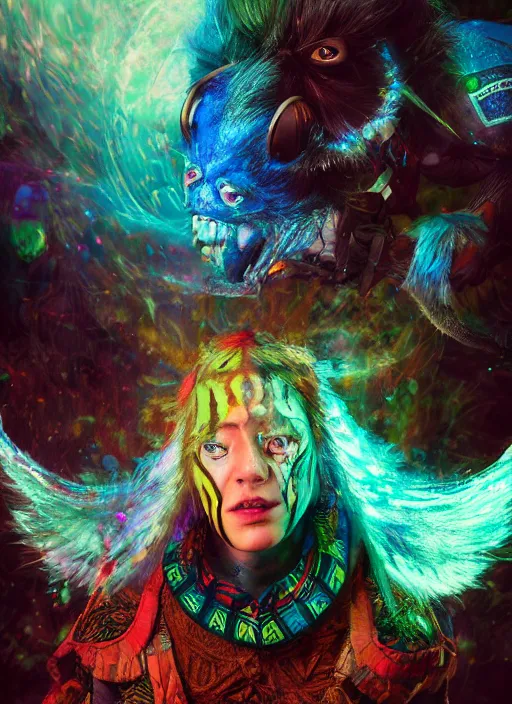 Image similar to An epic fantasy comic book style portrait painting of a wild- eyed shaman tripping on Ayahuasca, Shipibo textile patterns made of lasers, fisheye lens, unreal 5, DAZ, hyperrealistic, octane render, cosplay, RPG portrait, dynamic lighting