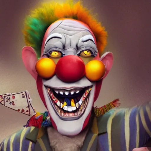 Prompt: a vicious clown with a detailed face at a crowded urban street making an offer you cant refuse, storybook illustration, octane render, detailed painting, by katherine federer, anthony pafford, harry gamboa and tracy flickinger 4 k