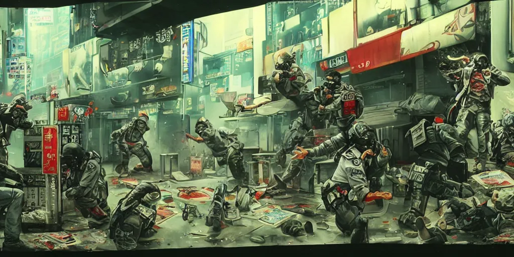 Prompt: 1992 Video Game Concept Art, Anime Neo-tokyo Cyborg bank robbers vs police, Set in Cyberpunk Bank Lobby, bags of money, Multiplayer set-piece :9, Police officers hit by bullets, Police Calling for back up, Bullet Holes and Blood Splatter, :6 ,Hostages, Smoke Grenades, Riot Shields, Large Caliber Sniper Fire, Chaos, Cyberpunk, Money, Anime Bullet VFX, Machine Gun Fire, Violent Gun Action, Shootout, Escape From Tarkov, Payday 2, Highly Detailed, 8k :7 by Katsuhiro Otomo + Studio Gainax + Sanaril : 8