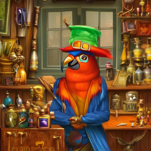 Image similar to Anthropomorphized parrot trader in his shop, selling his wares, portrait, items, magic potions, carpet, window, fancy hat, sly expression , cunning expression, cute expression, presenting wares, D&D, fantasy, cinematic lighting, highly detailed, digital painting, artstation, concept art, smooth, sharp focus, illustration, warm light, cozy warm tint, magic the gathering artwork, volumetric lighting, 8k, art by Akihiko Yoshida, Greg Rutkowski