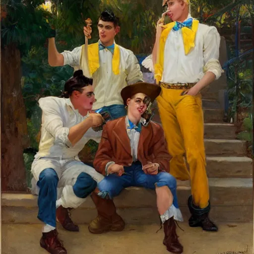 Prompt: three male teens wearing rockabilly outfits and eating lemon popsicles while looking at a woman by gaston bussiere, craig mullins, j. c. leyendecker 8 k