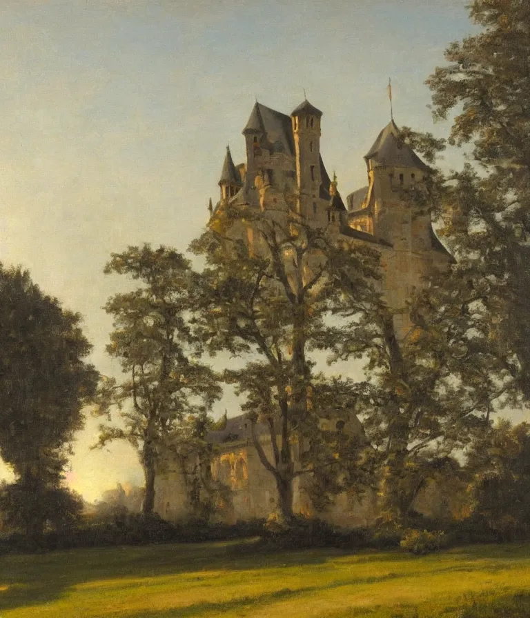 Image similar to Chateau de Ver. history painting, dusk, sunset lit Chateau, artstation, oil on canvas, by Albert Aublet, Private Collection