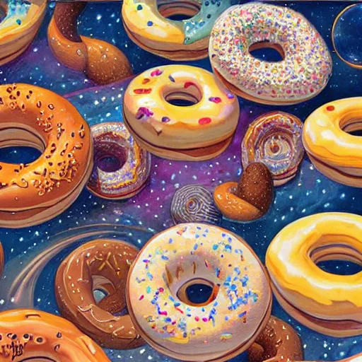 Image similar to a highly detailed, beautiful illustration of cosmic donuts by james gurney, trending on artstation