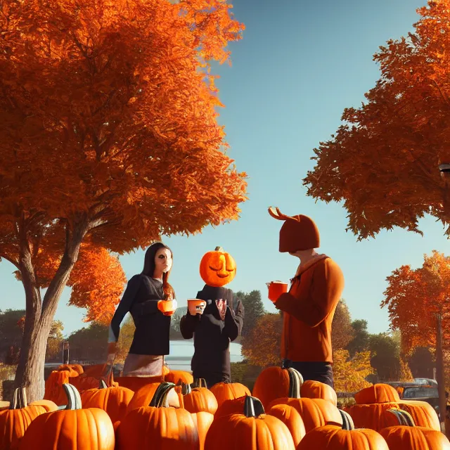 Prompt: pumpkin headed people ordering coffee at a coffee stand, red maple trees with fall foliage, volumetric, realistic, cinematic lighting, ray tracing, unreal engine 5, octane render, hyper realistic, photo, 8 k