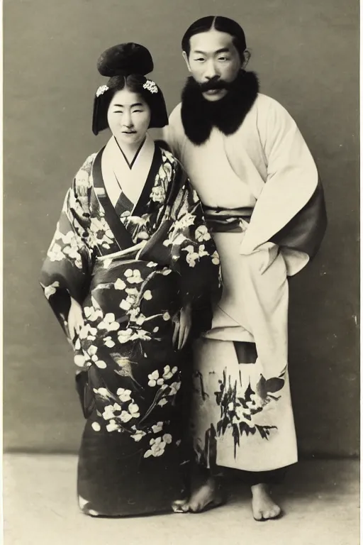 Image similar to anthropomorphic asian black bear in traditional Japanese mens clothing, posing with Japanese girl in kimono, 1900s photo