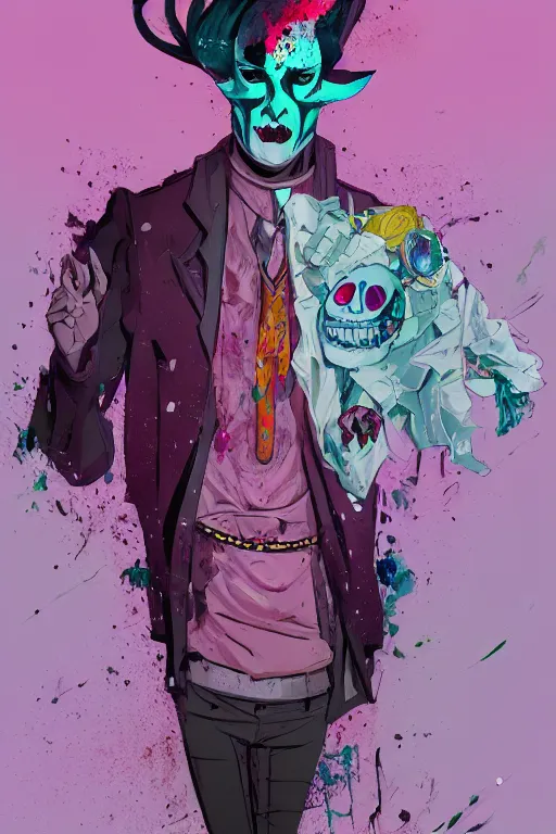 Prompt: wealthy male half necromancer, made of white gucci fabric, pixiv fanbox, dramatic lighting, maximalist pastel color palette, splatter paint, pixar and disney concept, graphic novel by fiona staples and dustin nguyen peter, elson alan, bean, wangechi mutu, clean cel shaded vector art, trending on artstation