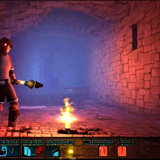 Image similar to a man holds a torch and explores a Dungeon, luminous,Screenshot from a videogame