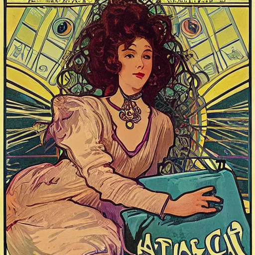 Image similar to a vintage poster with border of a Caucasian fortune teller lady with curly hair, a spread of tarot cards on a table, cats on her side, in a colorful tent, Alphonse Mucha poster ,