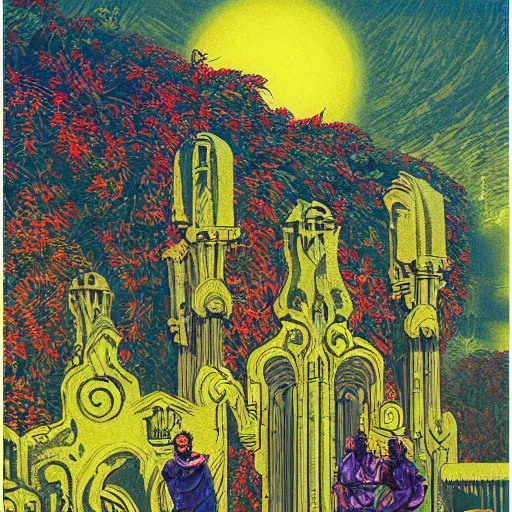 Prompt: impressionist synthwave ancient city angle parrot ivy woodcut nut , by Joe Jusko and Jakub Rozalski and Moosa Al Halyan , surrealist , abstract , tarot card