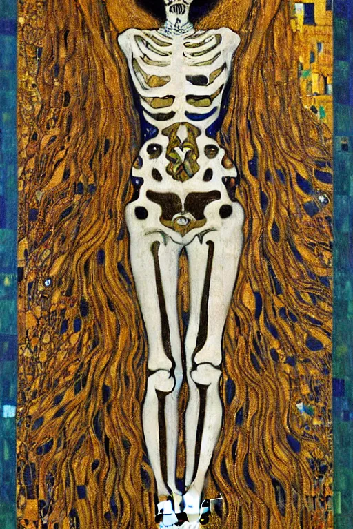 Prompt: skeleton queen, symbolism paintimg of vienna secession movement. in gustav klimt style 1 9 0 1, judith and the head of holofernes