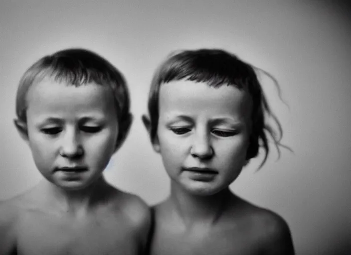 Prompt: analog portrait in white and on dark background in very high resolution with a 5 0 mm f / 2. 0 lens of chernobyl children in the 8 8 s with their eyes closed.