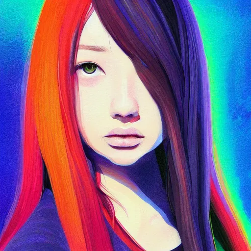 Prompt: a painting of a hard surfaces girl with long hair, digital art by ryuzaburo umehara, featured on pixiv, detailed illustration, digital art, synchromism, flat shading, full body, metaphysical painting, speedpainting, digital painting, holographic undertones, highly saturated colors, 4 k, digital art, concept art, trending on artstation