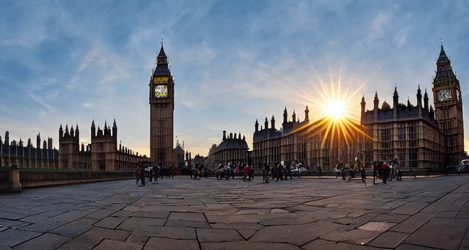 Image similar to looking onto the big ben from across the themse, London, wideangle, sunset, lenseflare