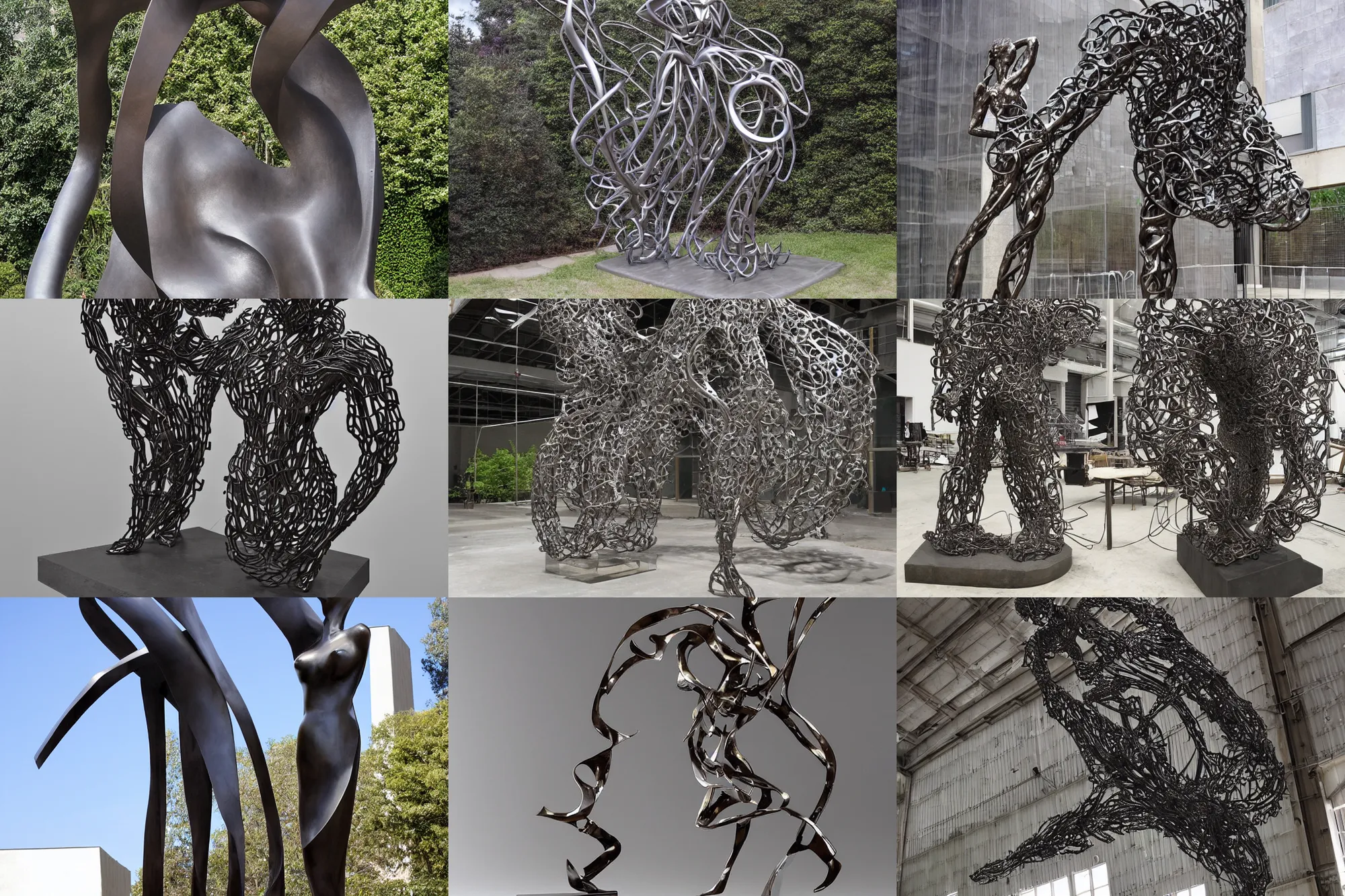 Prompt: Award-winning sculpture by Yoshitaka Amano ((((and Eduardo Chillida)))). The sculpture is a portrait of an angelical being. Made of steel, hyper-detailed. Studio lightning