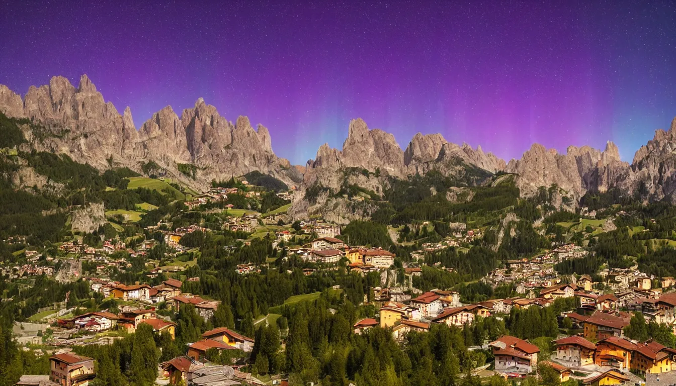 Image similar to an italian town in the dolomites mountains, aurora borealis in the sky