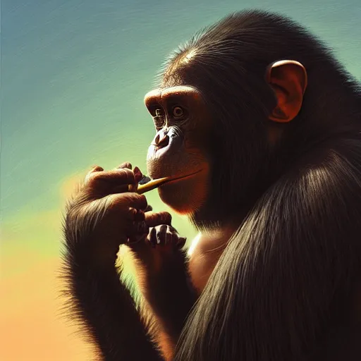 Image similar to a chimp wearing a suit smoking a cigar, dramatic lighting, cinematic, establishing shot, extremly high detail, photorealistic, cinematic lighting, artstation, style by James Gurney