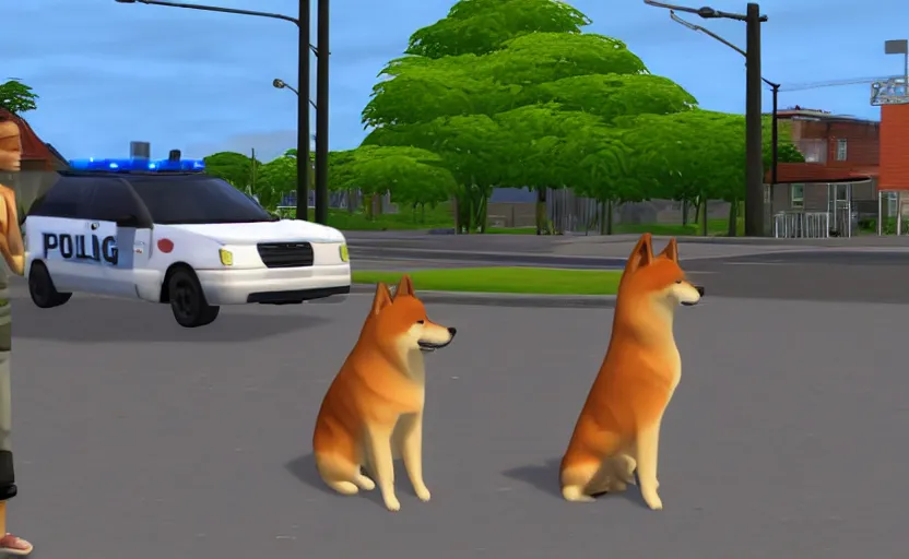 Prompt: a shiba inu watches a police car burn in the sims