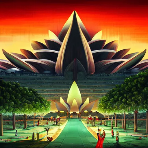 Image similar to street view of gigantic lotus flower temple city at night by cyril rolando and naomi okubo and dan mumford and ricardo bofill