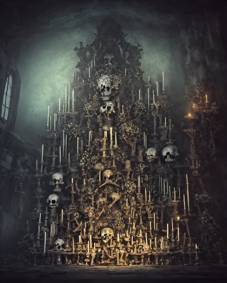 Image similar to full color, low wide shot of sedlec ossuary, bones, anime style mixed with fujifilm, dark, foggy, atmospheric, artstation, cgsociety, octane render, cgi, unreal engine 5, denoise, detailed, cinematic masterpiece