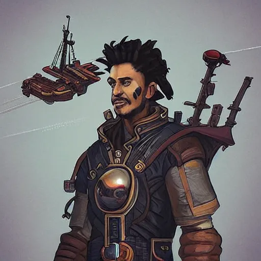 Prompt: “A portrait of a space pirate with his ship in the background, D&D sci-fi, artstation, concept art, highly detailed illustration.”