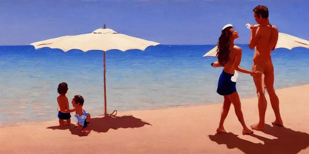 Image similar to a couple and a baby on a beach in sardinia, white sand, blue sky, summer, painting by jack vettriano