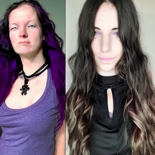 Prompt: a woman with long wavy purple hair, blue eyes and strong cheek bones. she's wearing a black t - shirt, sleeveless jean vest and a black choker