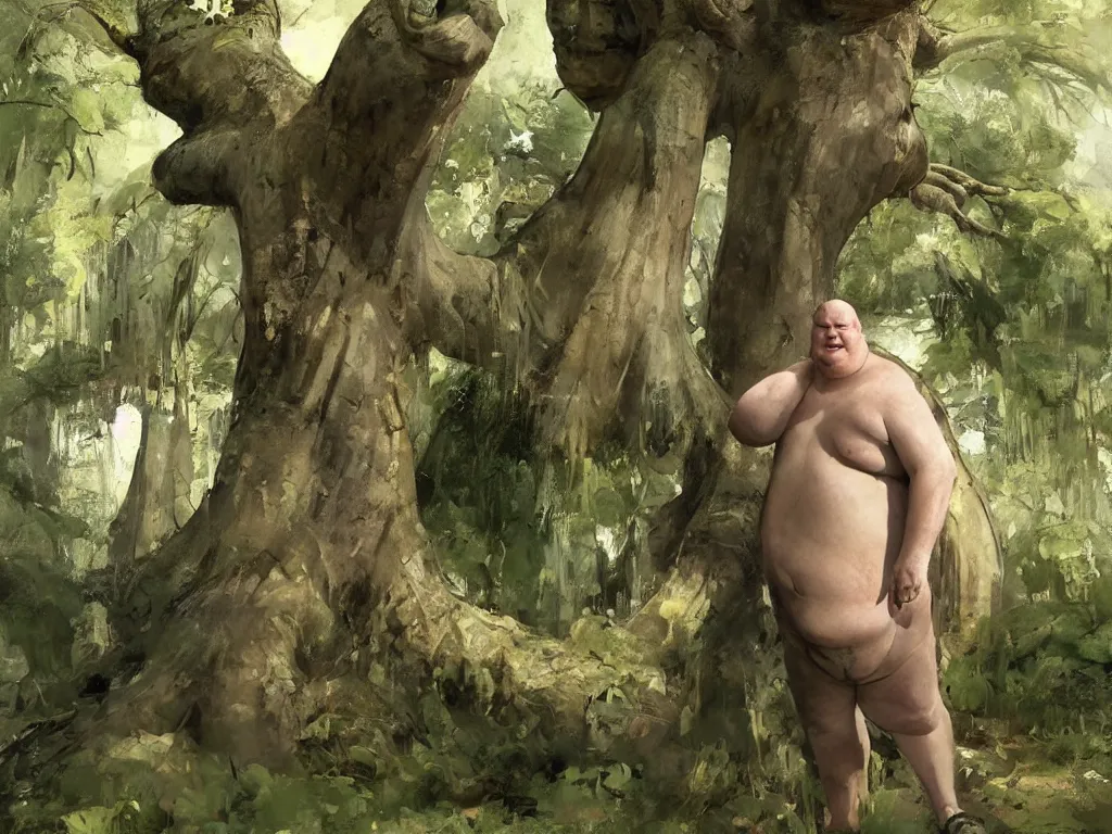 Prompt: full body portrait of kenneth mcmillan as an obese baron harkonnen standing in the lovely gardens of an enormous stately home at midday, a baobab tree is in the garden, flowers, a small pond, john william waterhouse, john berkey, artgerm, anders zorn, jeremy mann, dune concept art artstation, the baron