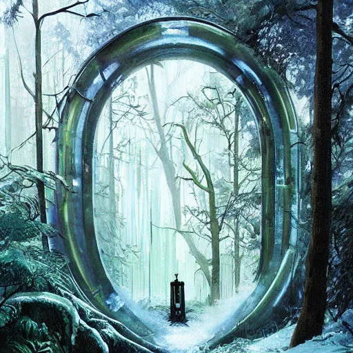 Image similar to frozen derelict portal in a middle of a snowy lush futuristic forest, engine tubes around the portal, green lush world seen only through a portal, daylight, cinematic lighting, blue sky, syd mead, john harris