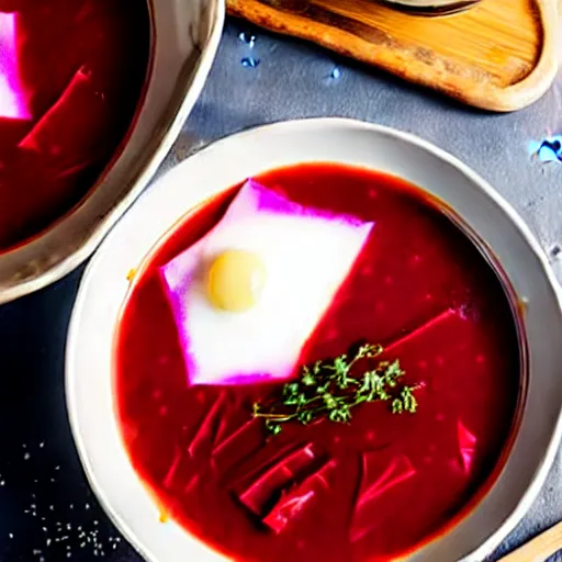 Image similar to a bowl of borscht wearing anime cat ears, award winning food photo, 4 k, delicious, polish food, high quality