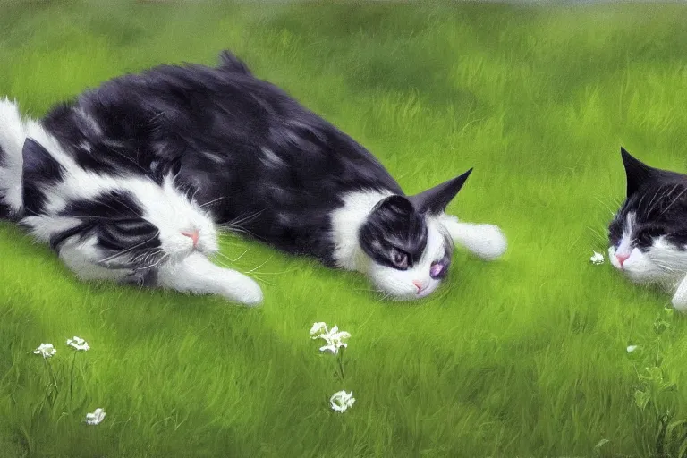 Prompt: a fat black and white male cat and a smaller tri-color tortoiseshell female cat both sleeping peacefully together in a beautiful green meadow, dreamy puffy clouds, painted by Tyler Edlin