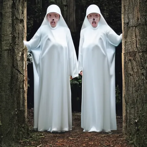 Image similar to award winning photo,two Hovering twin nuns, wearing pointed hoods, buxom chested, blindfolded, wearing translucent veils, see through dress, Very long arms, bedroom, wood door, eerie, frightening, highly detailed, photorealistic, colorized —width 1024 —height 1024