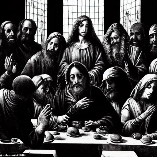 Prompt: Award Winning Editorial Masterpiece picture of a new York Soup Kitchen by David Bailey CBE, Composition The Last Supper daVinci