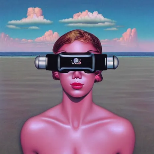 Image similar to alex gross, award winning masterpiece with incredible details, a surreal vaporwave vaporwave vaporwave vaporwave vaporwave painting of an old pink mannequin head wearing vr goggles with cables and wires coming out of it's neck, highly detailed