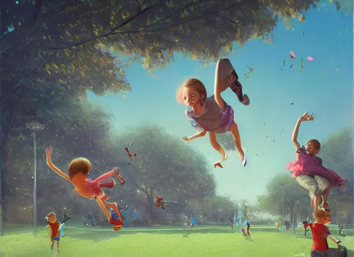 Image similar to happy children fly through a public park, by alejandro burdisio and bob bylerley and greg rutkowski