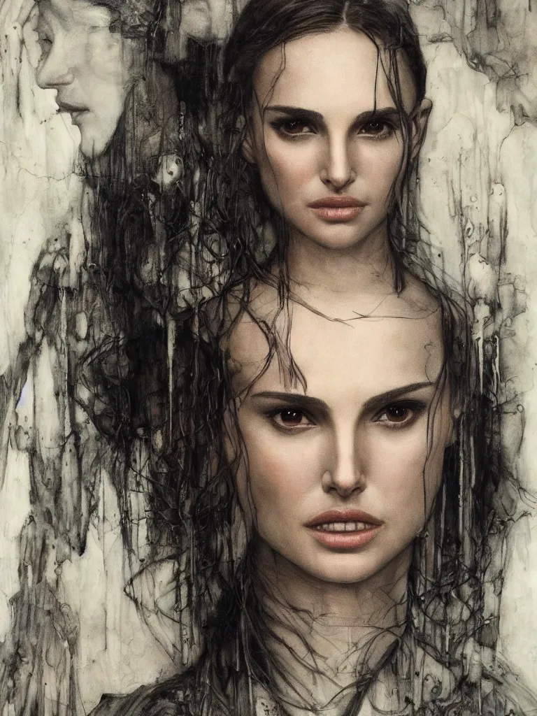 Image similar to a beautiful portrait of natalie portman by h.r. giger and by arthur rackham and by john william waterhouse, detailed, proportional, trending on art station, 4k